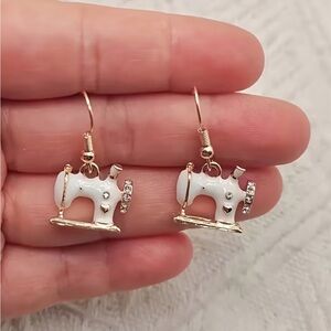 Sewing Machine Earrings White Enameled Gold Tone Hypoallergenic